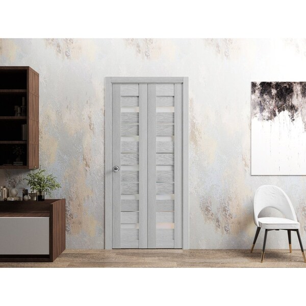Sartodoors Sliding Closet Bi-fold Doors 72 x 80in, Quadro 4445 Light Grey Oak W/ Frosted Glass, Sturdy Tracks - QUADRO4445BF-OAK-72