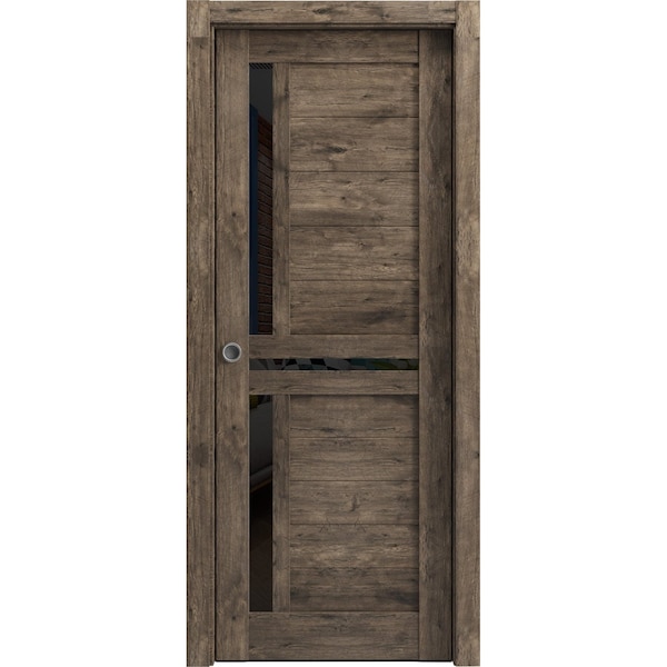 Sartodoors Sliding French Pocket Door 36 x 96in W/, Cognac Oak W/ Black Glass, Kit Trims Rail Hardware - VEREGIO7588PD-AKA-3696