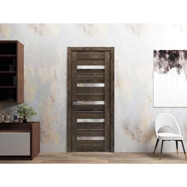 Sartodoors Solid French Door 36 x 84in, Cognac Oak W/ Frosted Glass, Single Regular Panel Frame Trims Handle - QUADRO4445ID-AKA-3684