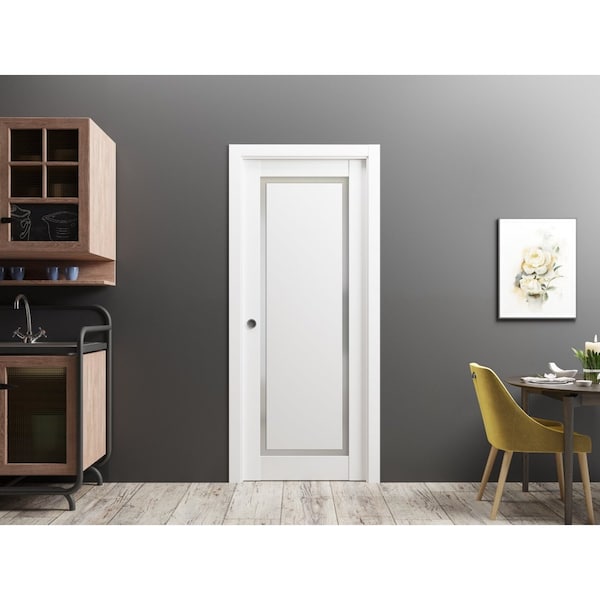 Sartodoors Slab Barn Door Panel 24 x 96in, Planum 0888 Painted White W/ Frosted Glass, Pocket Closet Sliding - PLANUM0888S-BEM-2496