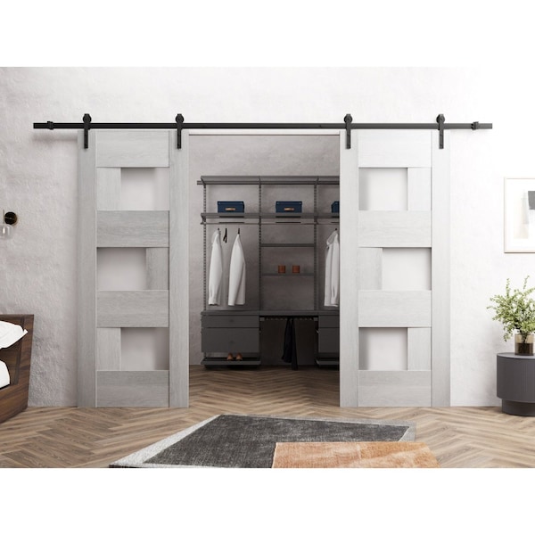 Sartodoors Sturdy Dbl Barn Door 60 x 96in, Light Grey Oak W/ Frosted Glass, 13FT Rail Hangers Heavy Set - SETE6933DB-OAK-6096