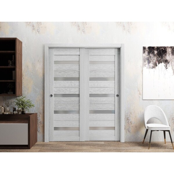 Sartodoors Sliding Closet Bypass Doors 48 x 96in, Quadro 4445 Light Grey Oak W/ Frosted Glass, Sturdy Rails - QUADRO4445DBD-OAK-4896