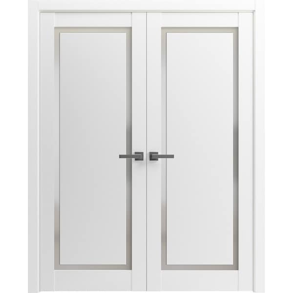 Sartodoors Solid French Double Doors 48 x 84in, Planum 0888 Painted White W/ Frosted Glass - PLANUM0888DD-BEM-4884