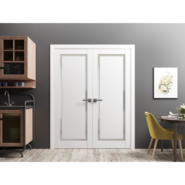 Sartodoors Solid French Double Doors 48 x 84in, Planum 0888 Painted White W/ Frosted Glass - PLANUM0888DD-BEM-4884