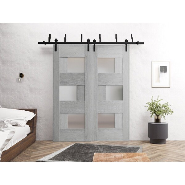 Sartodoors Sliding Closet Barn Bypass Doors 84 x 96in, Light Grey Oak W/ Frosted Glass, Sturdy 8ft Rails - SETE6933BBB-OAK-8496