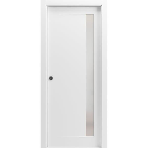 Sartodoors Sliding French Pocket Door 30 x 84in W/, Painted White W/ Frosted Glass, Kit Trims Rail Hardware - PLANUM0660PD-BEM-3084