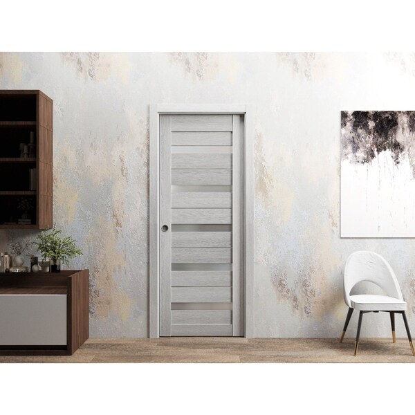 Sartodoors Sliding French Pocket Door 36 x 96in, Light Grey Oak W/ Frosted Glass, Kit Trims Rail Hardware - QUADRO4445PD-OAK-3696