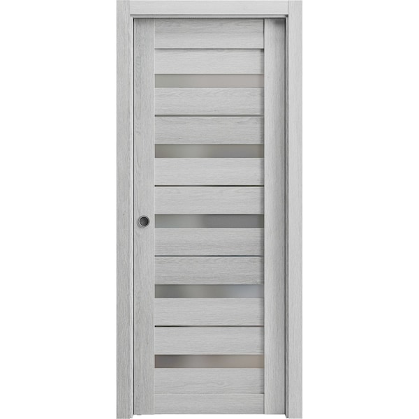 Sartodoors Sliding French Pocket Door 36 x 96in, Light Grey Oak W/ Frosted Glass, Kit Trims Rail Hardware - QUADRO4445PD-OAK-3696
