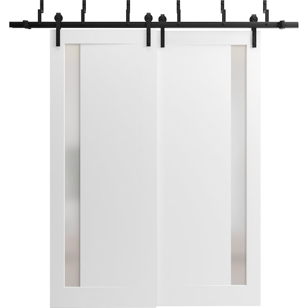 Sartodoors Sliding Closet Barn Bypass Doors 36 x 80in, Painted White W/ Frosted Glass, Sturdy 6.6ft Rails - PLANUM0660BBB-BEM-36