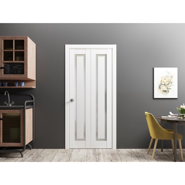 Sartodoors Sliding Closet Bi-fold Doors 60 x 80in, Planum 0888 Painted White W/ Frosted Glass, Sturdy Tracks - PLANUM0888BF-BEM-60