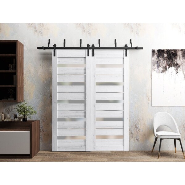 Sartodoors Slab Barn Door Panel 24 x 96in, Nordic White W/ Frosted Glass, Pocket Closet Sliding - QUADRO4445S-NOR-2496