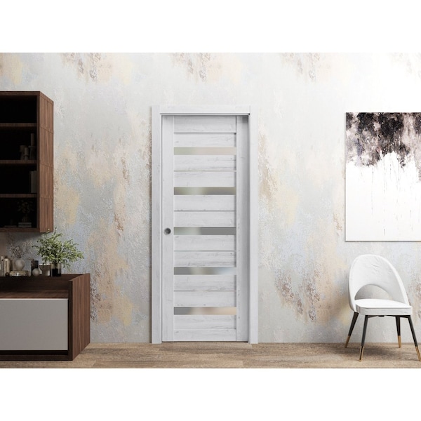 Sartodoors Slab Barn Door Panel 24 x 96in, Nordic White W/ Frosted Glass, Pocket Closet Sliding - QUADRO4445S-NOR-2496