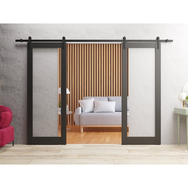 Sartodoors Sturdy Double Barn Door 64 x 80in, Lucia 2166 Matte Black Clear Glass, 13FT Rail Hangers Heavy Set - LUCIA2166DB-BLK-64