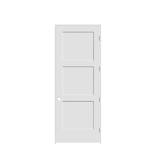 Codel Doors 28" x 96" x 1-3/8" Primed 3-Panel Equal Panel Interior Shaker 4-9/16" LH Prehung Door w/Mtt Blk Hngs - 2480PRI8433LH10B4916