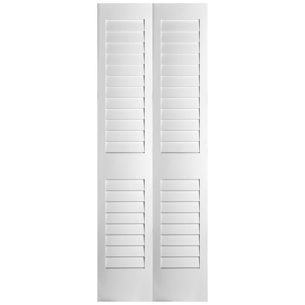Codel Doors 24" x 80" Primed Plantation Louver over Louver Bifold Door and Hardware - 2068PRI8730BF