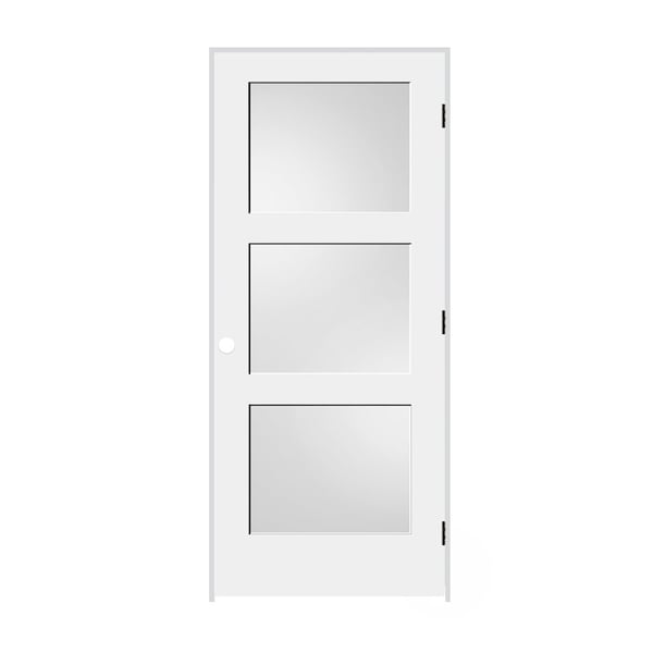 Codel Doors 30" x 80" x 1-3/8" Primed 3-Panel with White Lami Glass Interior Shaker 4-9/16" LH Prehung Door - 2668PRI8433GLLH10B4916