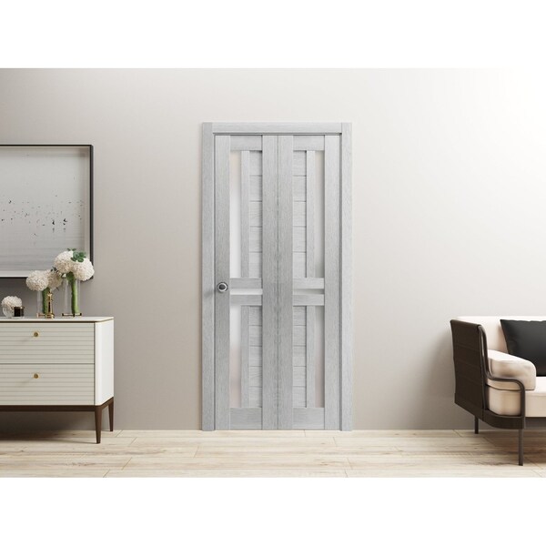 Sartodoors Sliding Closet Bi-fold Doors 56 x 80in, Veregio 7288 Light Grey Oak W/ Frosted Glass, Sturdy Tracks - VEREGIO7288BF-OAK-56