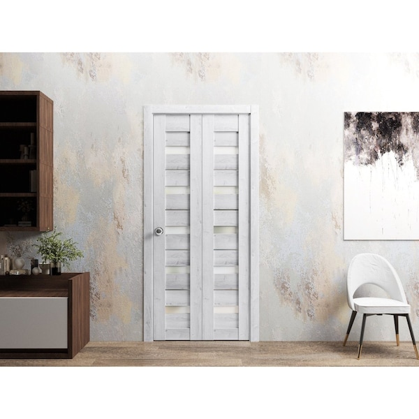 Sartodoors Sliding Closet Bi-fold Doors 56 x 80in, Quadro 4445 Nordic White W/ Frosted Glass, Sturdy Tracks - QUADRO4445BF-NOR-56