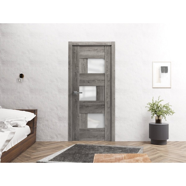 Sartodoors Solid French Door 30 x 84in, Nebraska Grey W/ Frosted Glass, Single Regular Panel Frame Trims Handle - SETE6933ID-NEB-3084