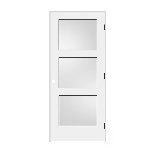 Trimlite Primed 3Panel Equal Panel White Lami Glass Interior Shaker 71/4" LH Prehung Door Matte Hinges - 2668PRI8433GLLH10B714