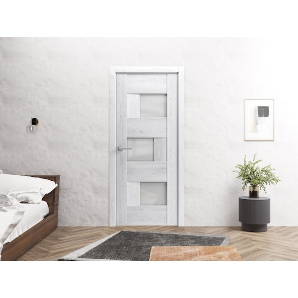 Sartodoors Solid French Door 42 x 84in, Nordic White W/ Frosted Glass, Single Regular Panel Frame Trims Handle - SETE6933ID-NOR-4284