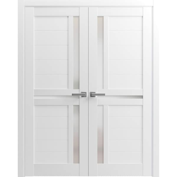 Sartodoors Sturdy Dbl Barn Door 84 x 80in, Nordic White W/ Frosted Glass, 14FT Rail Hangers Heavy Set - QUADRO4445DB-NOR-84