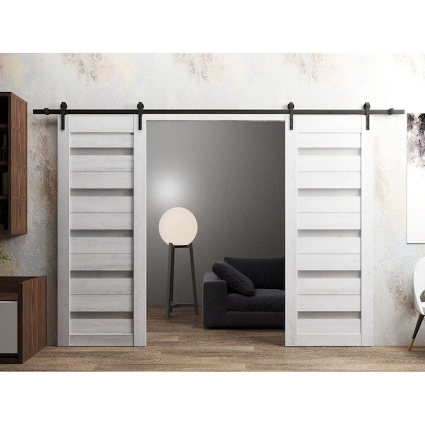 Sartodoors Sturdy Dbl Barn Door 84 x 80in, Nordic White W/ Frosted Glass, 14FT Rail Hangers Heavy Set - QUADRO4445DB-NOR-84