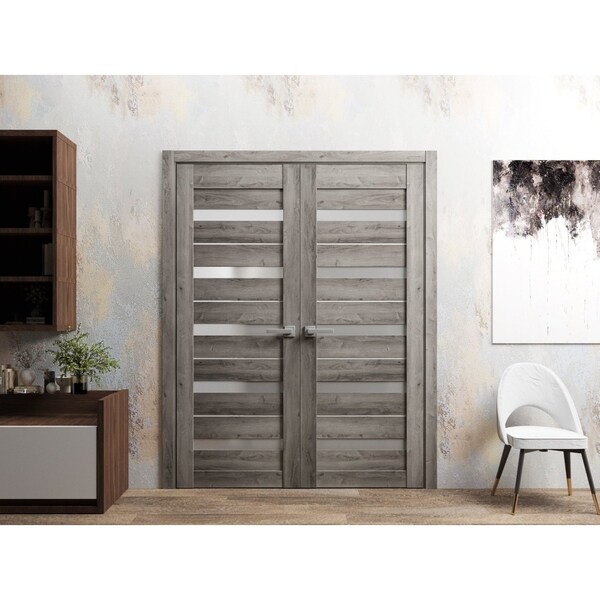 Sartodoors Solid French Double Doors 60 x 80in, Quadro 4445 Nebraska Grey W/ Frosted Glass - QUADRO4445DD-NEB-60