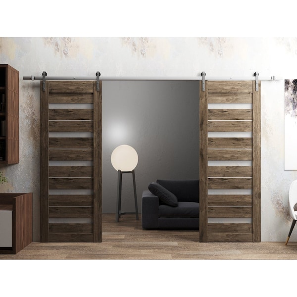 Sartodoors Sturdy Dbl Barn Door 36 x 96in, Cognac Oak W/ Frosted Glass, SS 13FT Rail Hangers Heavy Set - QUADRO4445DB-S-AKA-3696