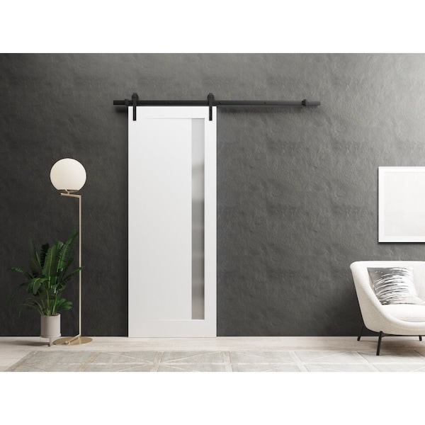 Sartodoors Sturdy Barn Door 32 x 96in, Painted White W/ Frosted Glass, 6.6FT Rail Hangers Heavy Hardware Set - PLANUM0660BD-B-BEM-3296