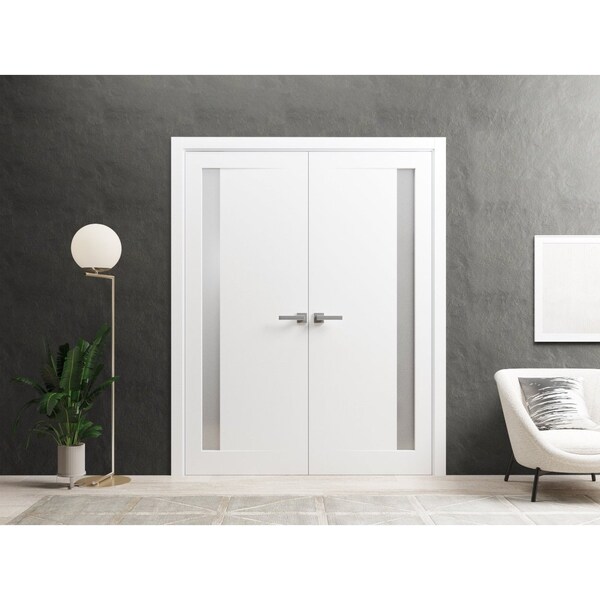 Sartodoors Solid French Double Doors 48 x 80in, Planum 0660 Painted White W/ Frosted Glass - PLANUM0660DD-BEM-48