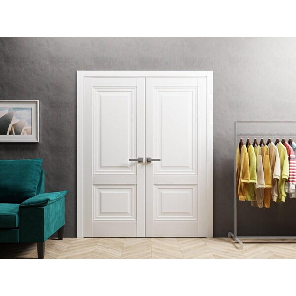 Sartodoors Solid French Double Doors 60 x 80in, Lucia 8831 White Silk, Wood Solid Panel Frame Trims - LUCIA8831DD-WS-60