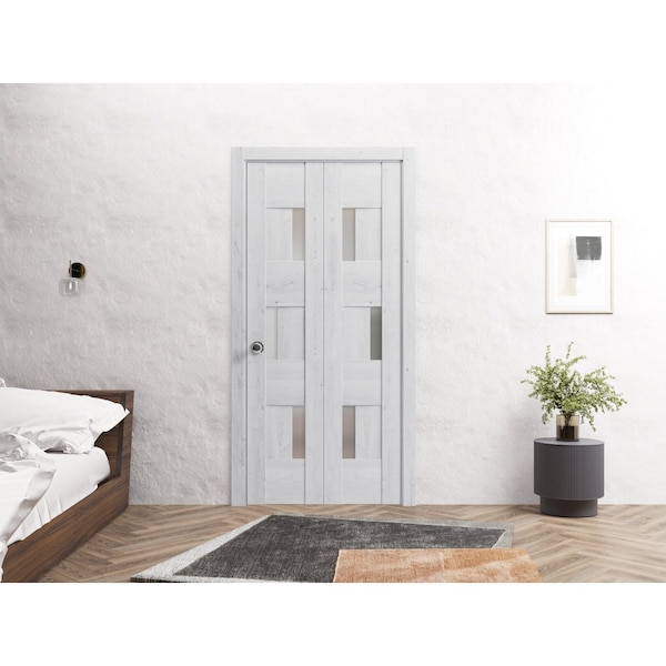 Sartodoors Sliding Closet Bi-fold Doors 84 x 96in, Sete 6933 Nordic White W/ Frosted Glass, Sturdy Tracks - SETE6933BF-NOR-8496