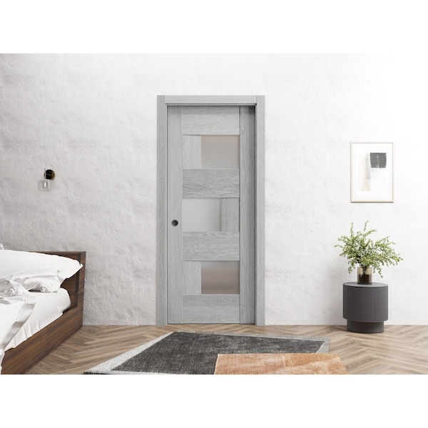 Sartodoors Slab Barn Door Panel 28 x 84in, Light Grey Oak W/ Frosted Glass, Pocket Closet Sliding - SETE6933S-OAK-2884