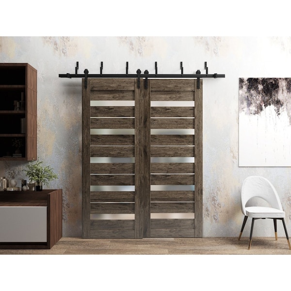 Sartodoors Sliding Closet Barn Bypass Doors 56 x 80in, Cognac Oak W/ Frosted Glass, Sturdy 6.6ft Rails - QUADRO4445BBB-AKA-56
