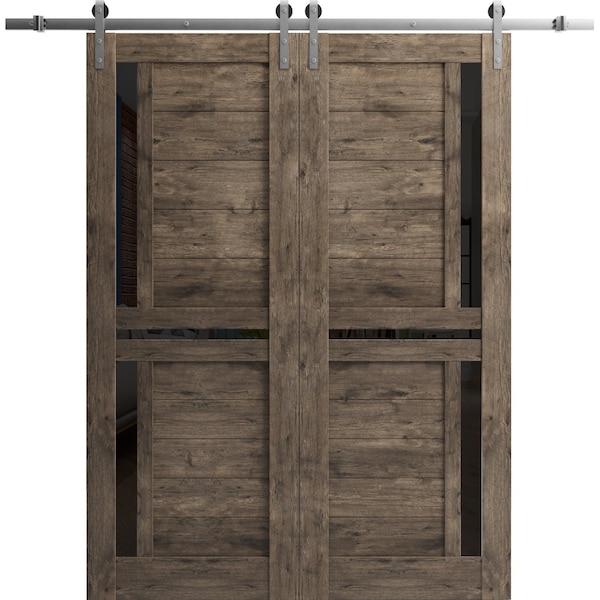 Sartodoors Sliding Closet Barn Bypass Doors 56 x 80in, Cognac Oak W/ Frosted Glass, Sturdy 6.6ft Rails - QUADRO4445BBB-AKA-56