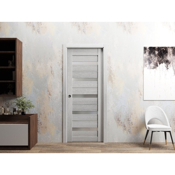 Sartodoors Slab Barn Door Panel 30 x 80in, Light Grey Oak W/ Frosted Glass, Pocket Closet Sliding - QUADRO4445S-OAK-30
