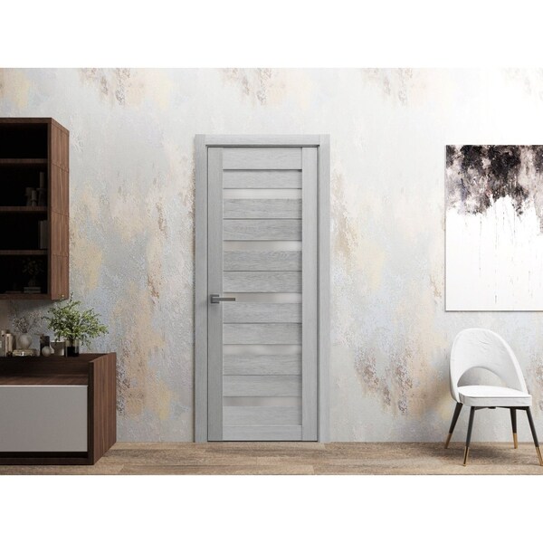 Sartodoors Slab Barn Door Panel 30 x 80in, Light Grey Oak W/ Frosted Glass, Pocket Closet Sliding - QUADRO4445S-OAK-30