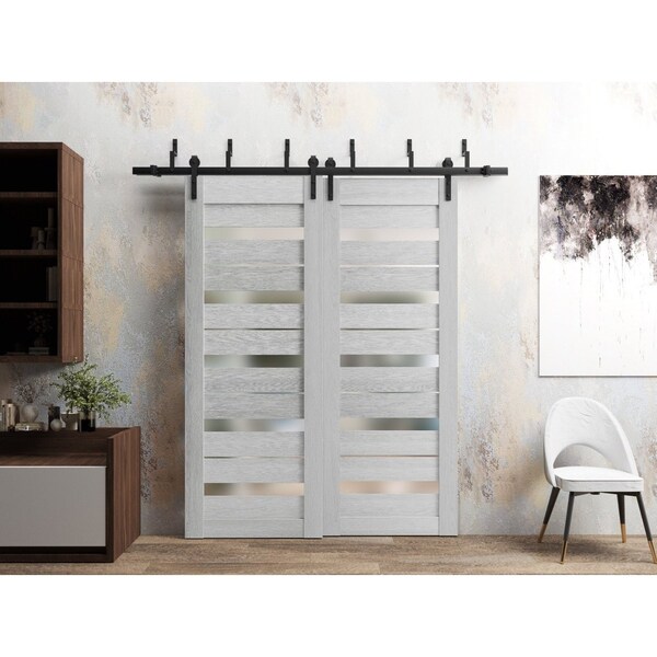 Sartodoors Slab Barn Door Panel 30 x 80in, Light Grey Oak W/ Frosted Glass, Pocket Closet Sliding - QUADRO4445S-OAK-30