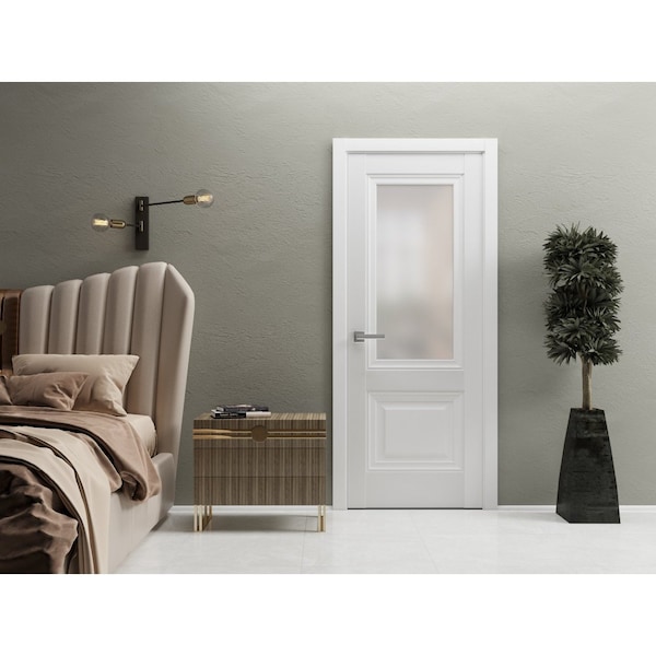 Sartodoors Solid French Door 30 x 84in, White Silk W/ Frosted Glass, Single Regular Panel Frame Trims Handle - LUCIA8822ID-WS-3084