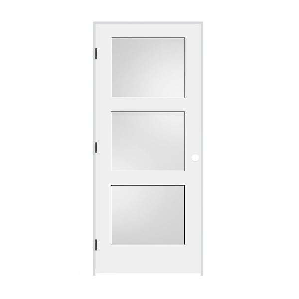 Codel Doors 36"x80"x1-3/8" Primed 3-Panel Equal Panel w/White Lami Glass Interior Shaker 6-9/16" RH Prehung Door - 3068PRI8433GLRH1D6916