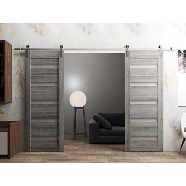 Sartodoors Sturdy Dbl Barn Door 48 x 96in, Nebraska Grey W/ Frosted Glass, SS 13FT Rail Hangers Heavy Set - QUADRO4445DB-S-NEB-4896