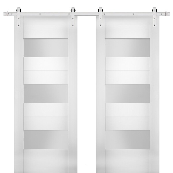 Vdomdoors Modern Double 84x84" Opaque / Sete 6003 White Silk / Stainless Steel 14' Rail Track Set / Panel - SETE6003DB-S-WS-8484