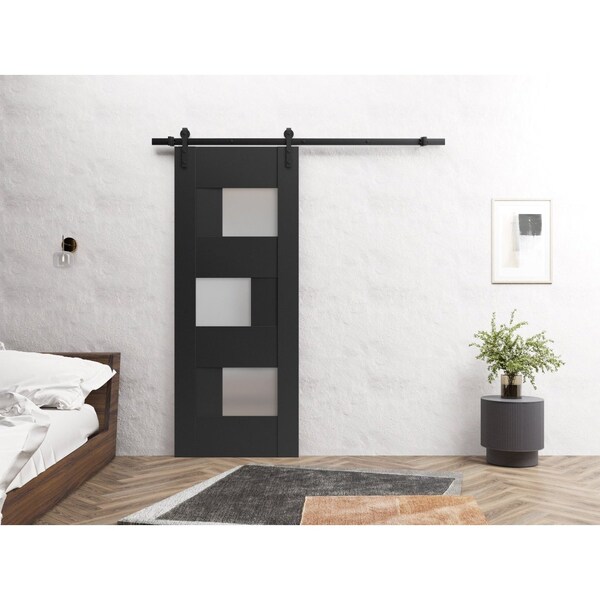 Sartodoors Sturdy Barn Door 18 x 96in, Matte Black W/ Frosted Glass, 6.6FT Rail Hangers Heavy Hardware Set - SETE6933BD-B-BLK-1896