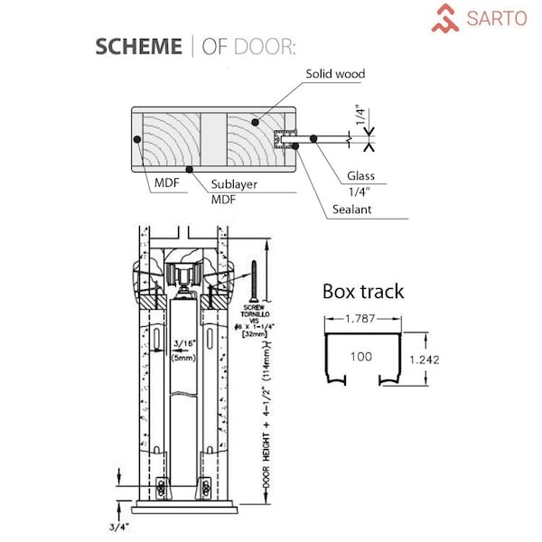 Sartodoors Sliding French Pocket Door 36 x 96in, Light Grey Oak W/ Frosted Glass, Kit Trims Rail Hardware - SETE6933PD-OAK-3696