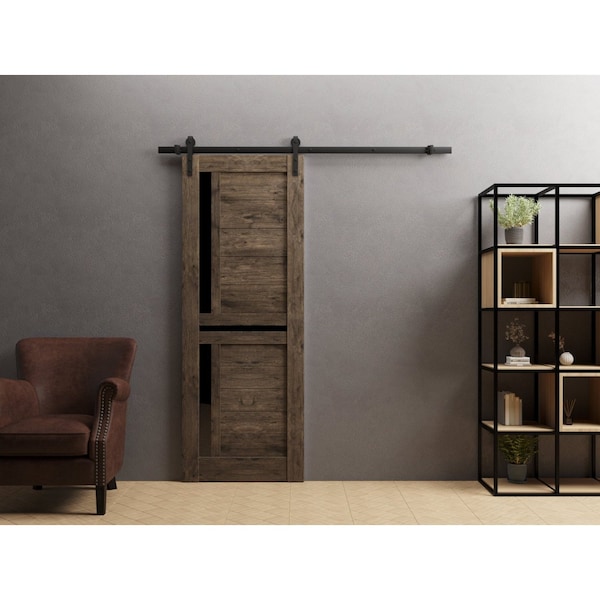 Sartodoors Sturdy Barn Door 32 x 80in, Cognac Oak W/ Black Glass, 6.6FT Rail Hangers Heavy Hardware Set - VEREGIO7588BD-B-AKA-32