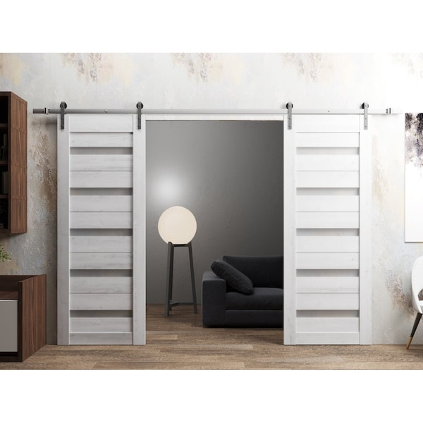 Sartodoors Sturdy Dbl Barn Door 56 x 96in, Nordic White W/ Frosted Glass, SS 13FT Rail Hangers Heavy Set - QUADRO4445DB-S-NOR-5696