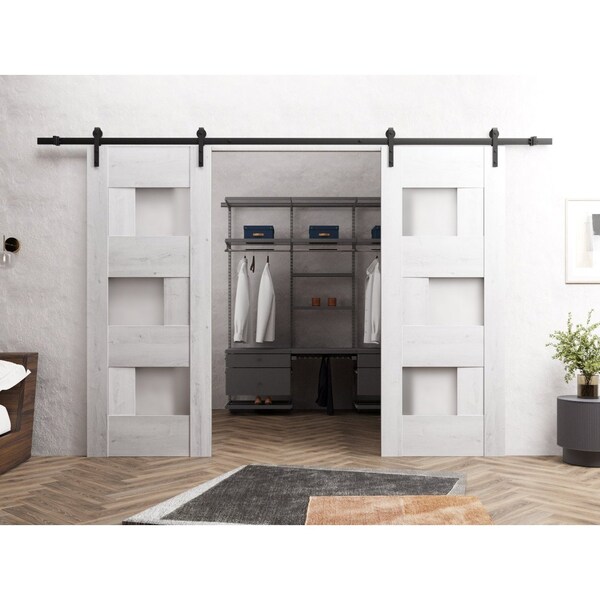 Sartodoors Sturdy Dbl Barn Door 84 x 84in, Sete 6933 Nordic White W/ Frosted Glass, 14FT Rail Hangers Heavy Set - SETE6933DB-NOR-8484