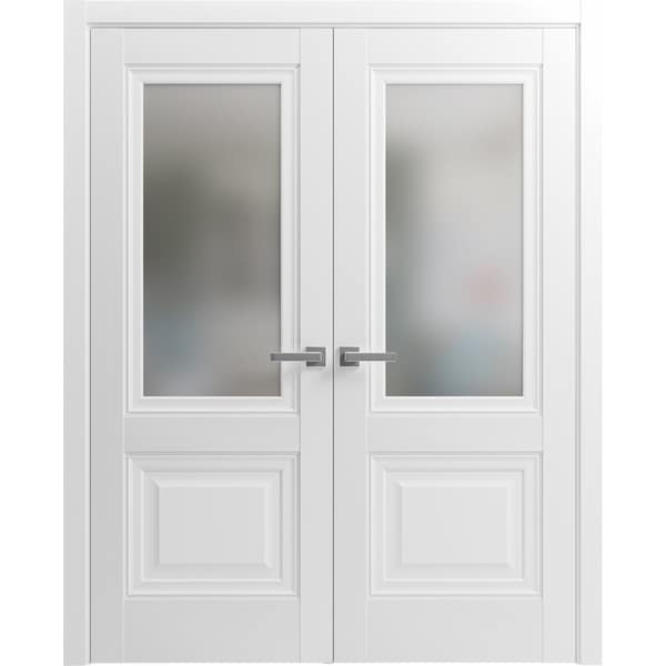 Sartodoors Sturdy Dbl Barn Door 84 x 84in, Sete 6933 Nordic White W/ Frosted Glass, 14FT Rail Hangers Heavy Set - SETE6933DB-NOR-8484