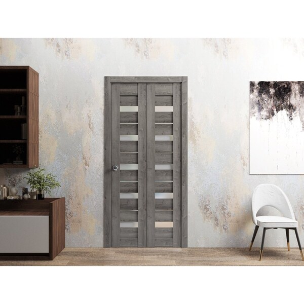 Sartodoors Sliding Closet Bi-fold Doors 48 x 84in, Quadro 4445 Nebraska Grey W/ Frosted Glass, Sturdy Tracks - QUADRO4445BF-NEB-4884